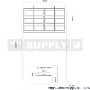 Allux Brickset postkast staal verzinkt gepoedercoat 4-breed 3-hoog met dak op statief zwart - S11201311 - afbeelding 2