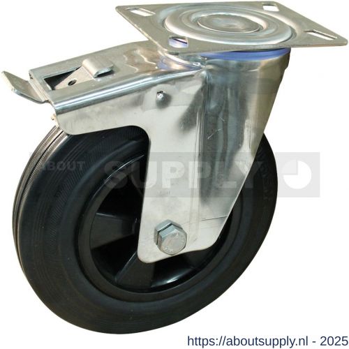 Protempo serie 01-30 zwenk transportwiel plaatbevestiging dubbele rem naloop RVS gaffel PP velg standaard zwarte rubberen band 200 mm rollager RVS - S20913448 - afbeelding 1