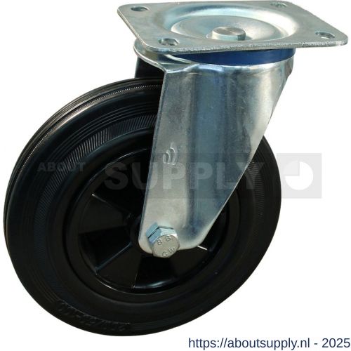 Protempo serie 01-12 zwenk transportwiel plaatbevestiging stalen gaffel PP velg standaard zwarte rubberen band 250 mm glijlager - S20913631 - afbeelding 1