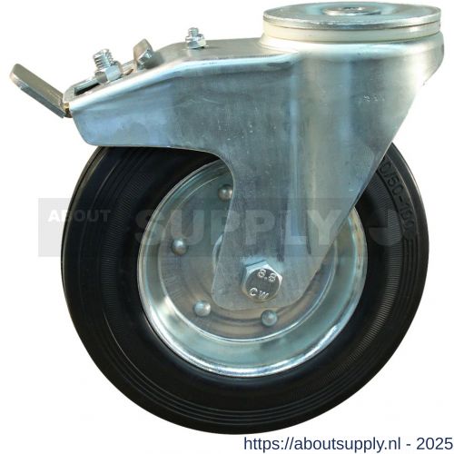 Protempo serie 01-91 zwenk transportwiel boutgat dubbele rem naloop stalen gaffel stalen velg standaard zwarte rubberen band 180 mm rollager - S20913020 - afbeelding 1