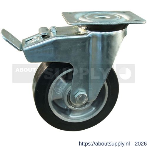 Protempo serie 10-91 zwenk transportwiel plaatbevestiging dubbele rem naloop en stalen gaffel aluminium velg zwarte elastische rubberen band ± 68 shore A 160 mm kogellager - S20913371 - afbeelding 1