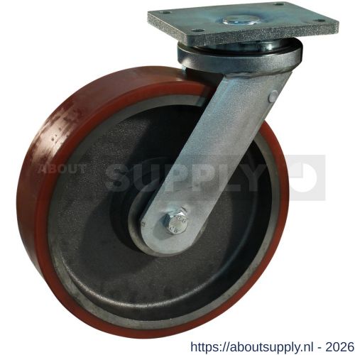 Protempo serie 28-22 zwenk transportwiel plaatbevestiging stalen gaffel gietijzeren velg PU band ± 94 shore A 250 mm kogellager - S20912650 - afbeelding 1