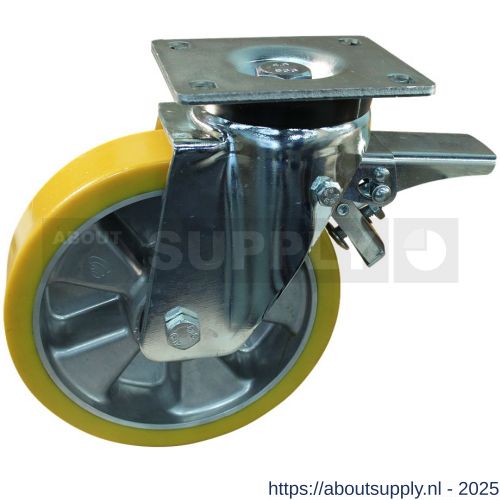 Protempo serie 29-19 zwenk transportwiel plaatbevestiging dubbele rem voorloop stalen gaffel aluminium velg PU band ± 94 shore A 175 mm kogellager - S20912429 - afbeelding 1