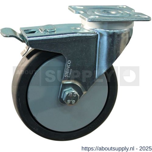 Protempo serie 64-40 zwenk apparatenwiel plaatbevestiging dubbele rem voorloop stalen gaffel grijs TPE 100 mm kogellager - S20910314 - afbeelding 1