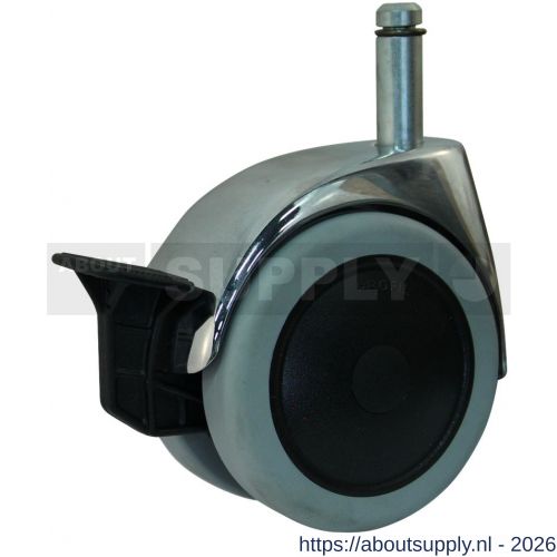 Protempo serie 74-67 zwenk apparatenwiel pen enkele rem verchroomd lichtmetalen huis zwarte PA velg grijze TPU band 75 mm glijlager - S20910075 - afbeelding 1